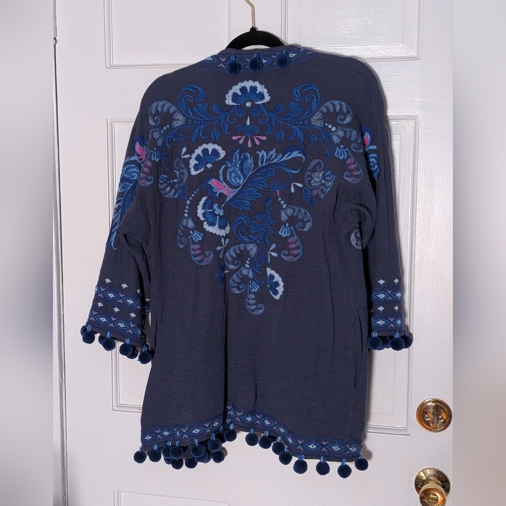 Johnny Was Navy Blue Embroidered Pom Pom Trim Open Front Jacket | Small | NWT - Picture 4 of 4